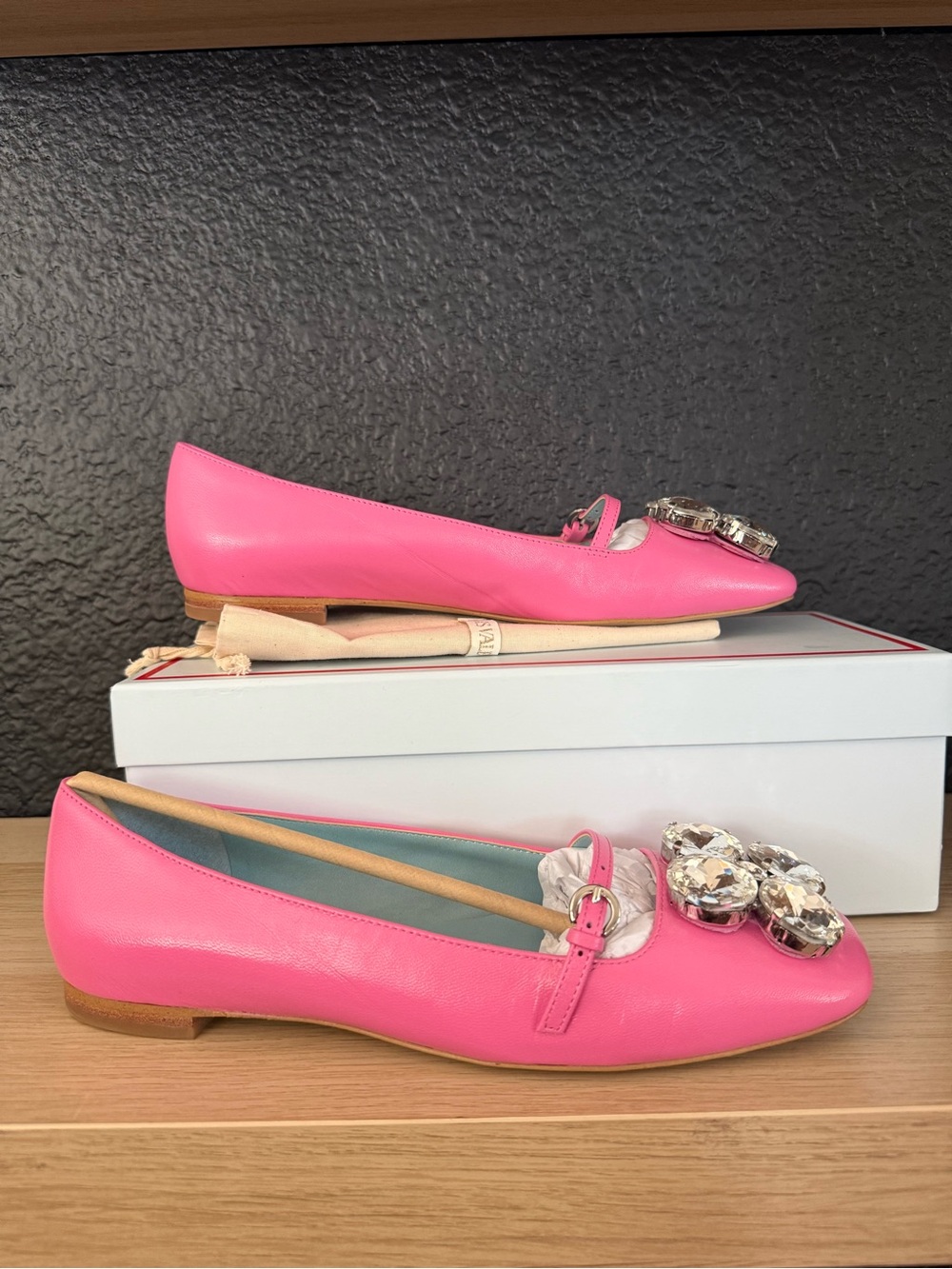 Frances Valentine Pink Josephine Square Toe Ballet Flat Crystal Jewels-9. NWT View 6